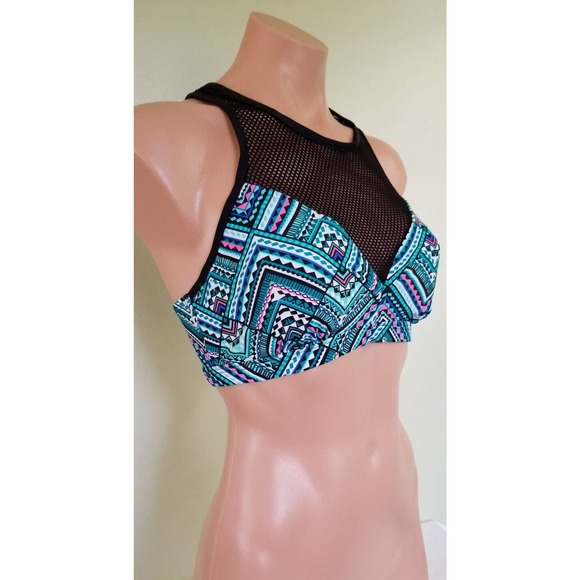 GO by Gossip mesh inset high neck teal black bikini top size M - Picture 2 of 3